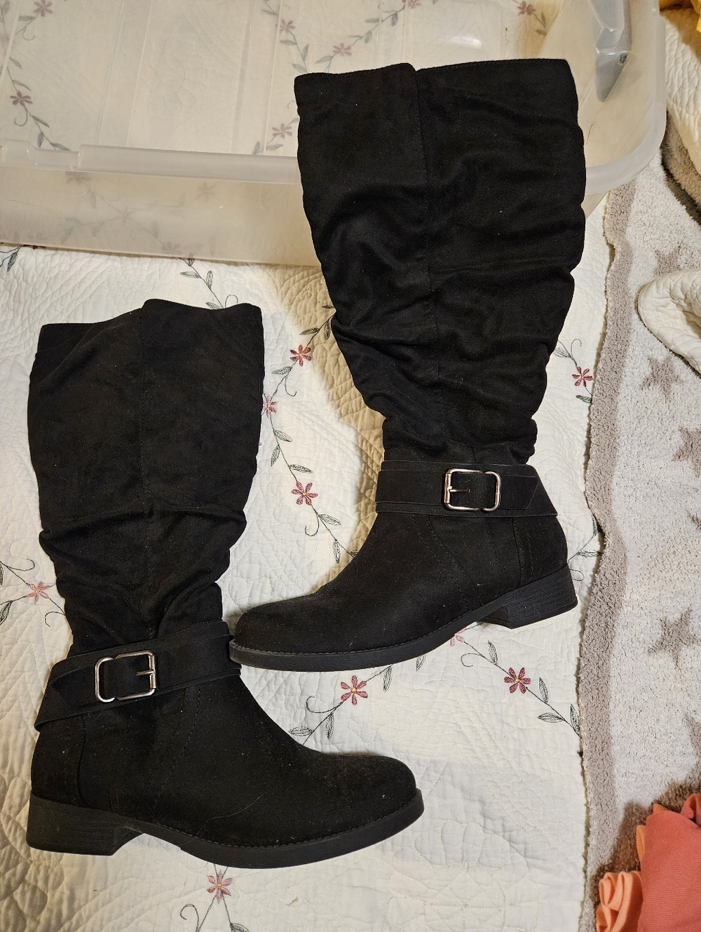 Black Suede-Look Mid-Calf Buckle Boots - Women